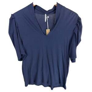 NWT Hello Nite Navy Blue V Neck Ruched Shoulder Short Sleeve Tee Shirt Size M
